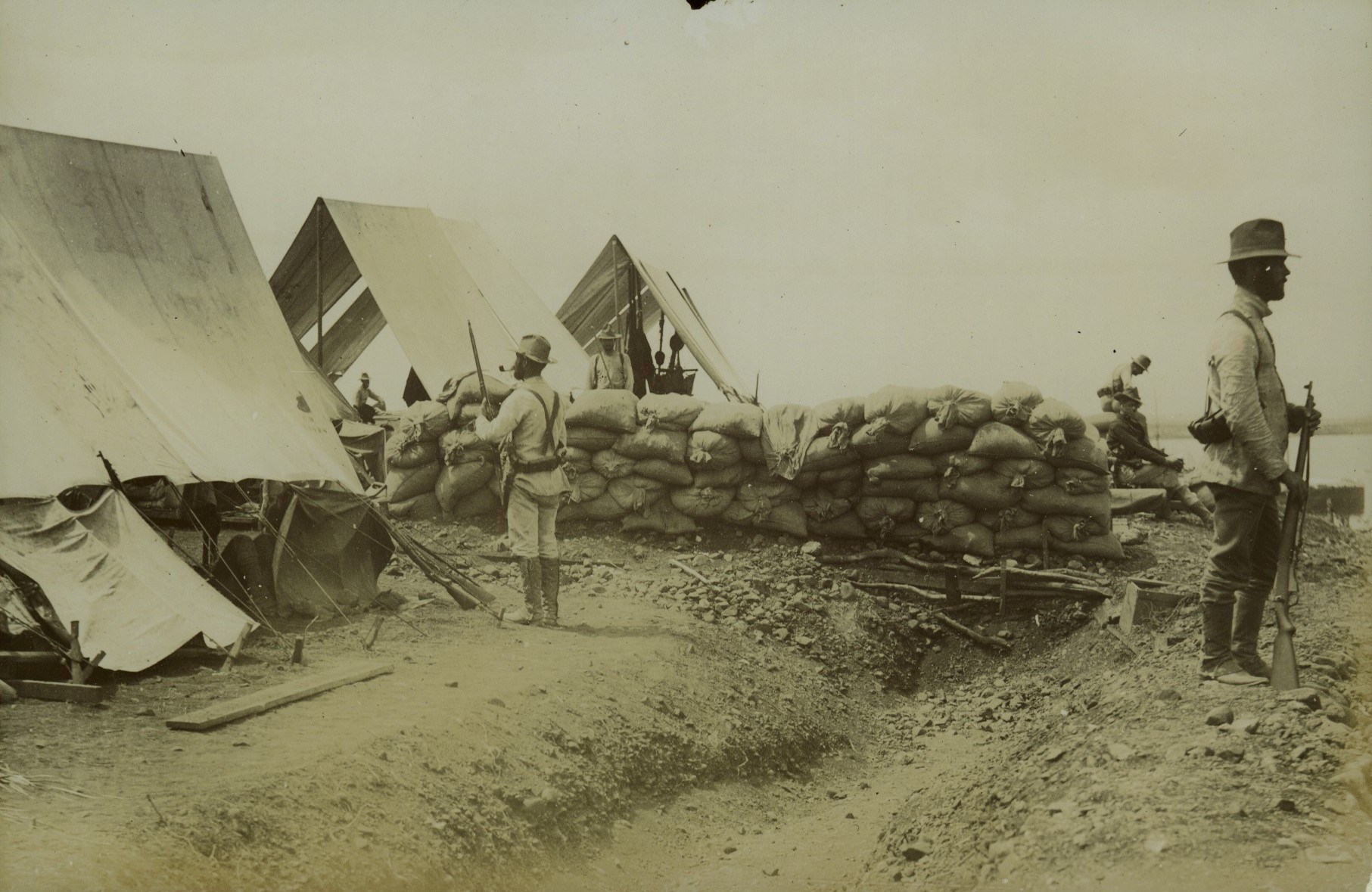 marine sentries with lee rifle vintage photograph tents sandbags war military