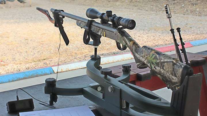 Traditions NitroFire in cradle on bench shooting range outdoor ballistic testing