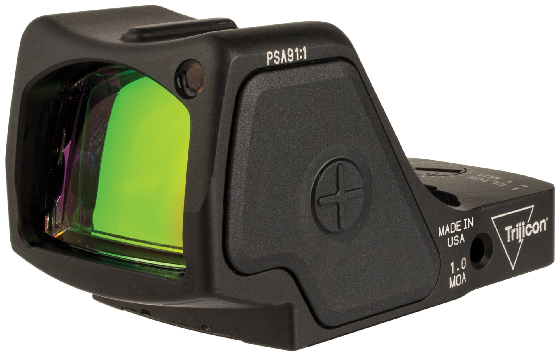 Trijicon RMR HD angled view red-dot reflex optic housing metal black plus button made in usa letters 1.0 MOA