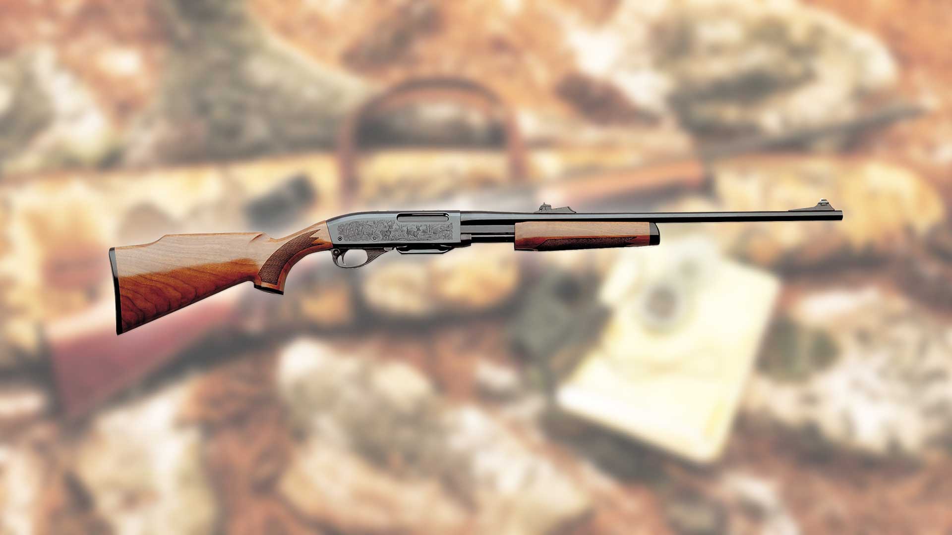 right side view rifle Remington Model 7600 overlay camo wood metal