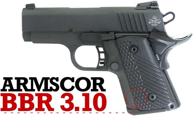 Armscor BBR 3.10 pistol left-side view on white with text of make and model