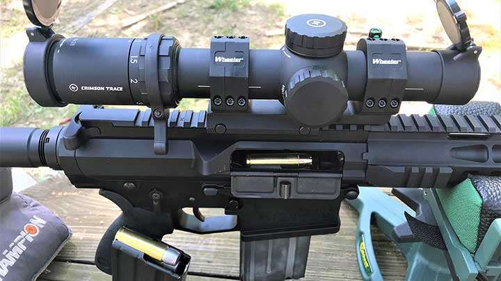 A Crimson Trace CTL-5108 1-8x28 mm with illuminated reticle was used with the Big Horn Armory AR500. The Crimson Trace optic was attached via Wheeler Engineering 34 mm one-piece cantilever mount.