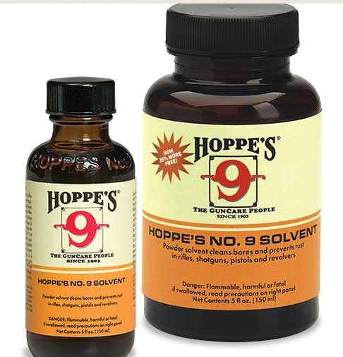 Hoppe's No. 9 solvent gun cleaning bottles two bottles upright yellow orange label