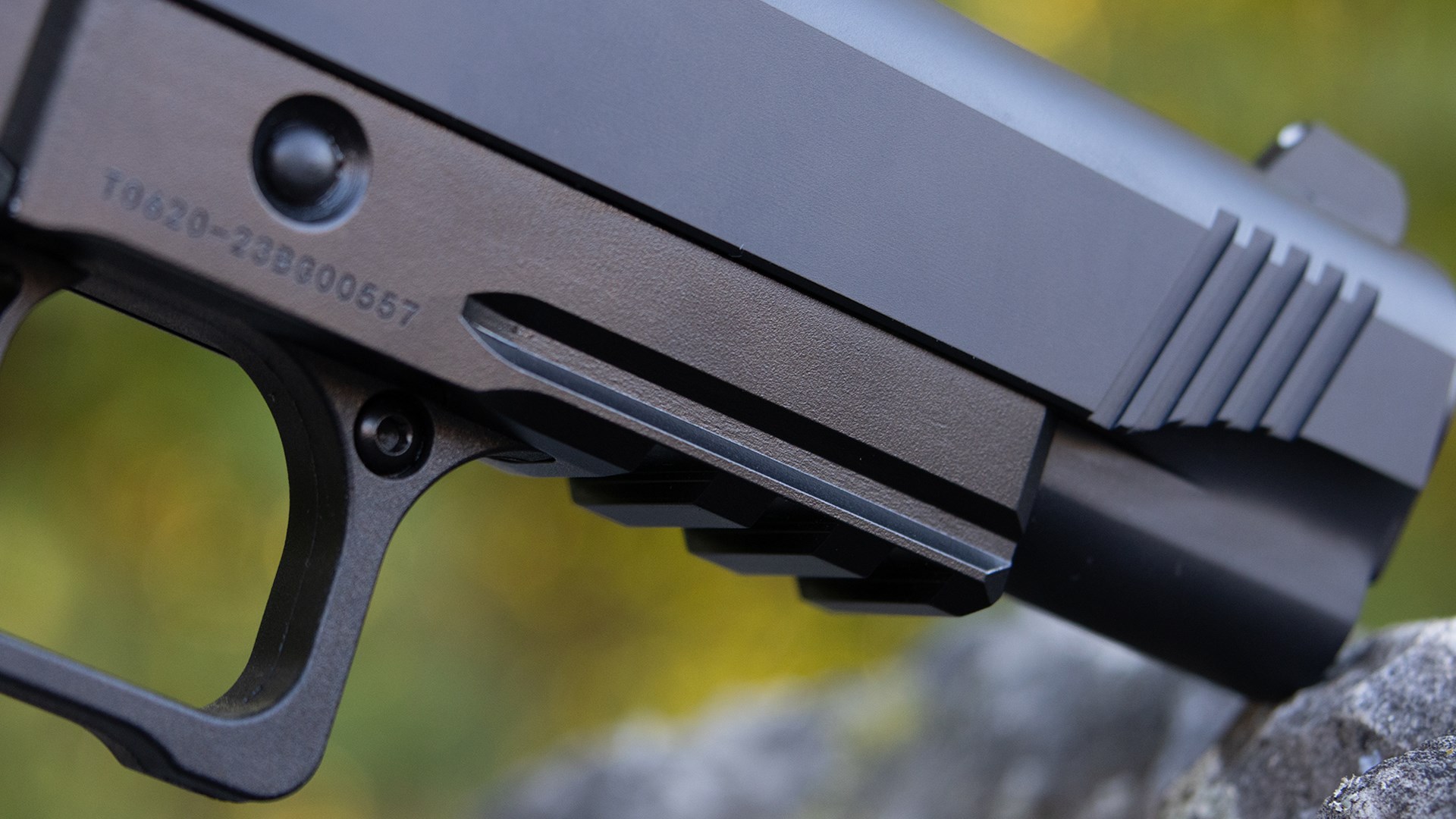 Picatinny accessory rail on the Tisas B9R DS pistol.