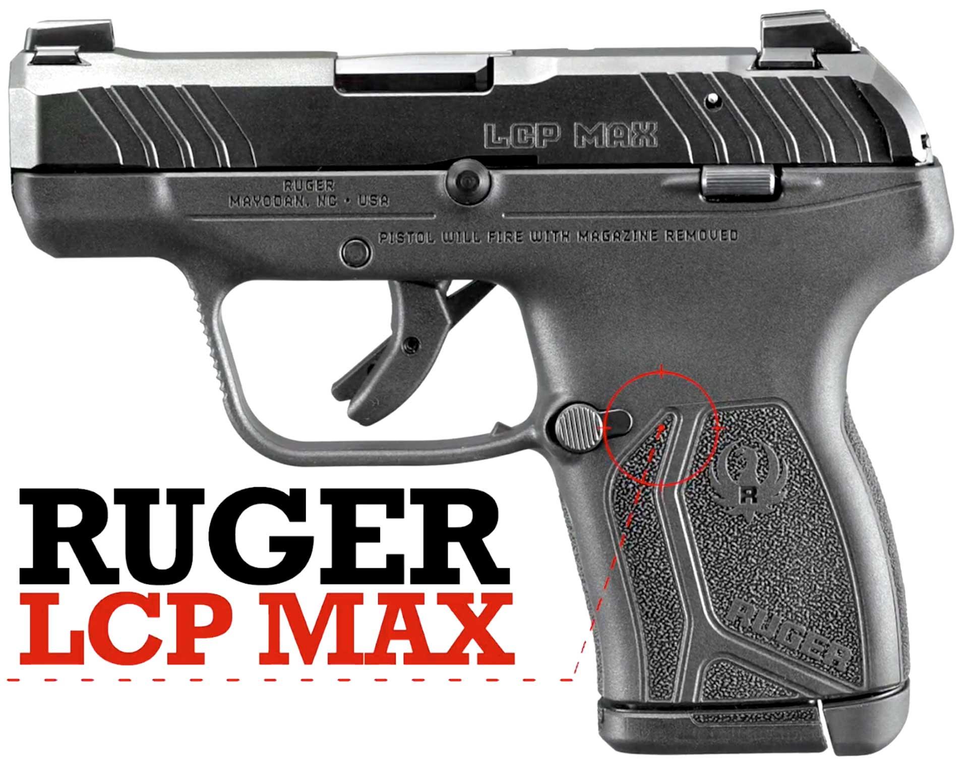 left side black gun pistol handgun plastic steel text on image noting "RUGER LCP MAX"