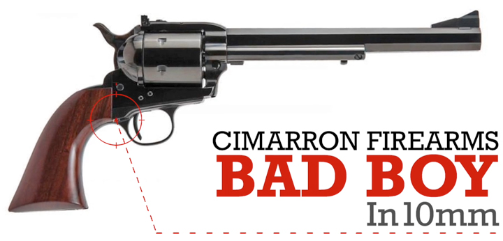 Right-side view of Cimarron Firearms Bad Boy revolver shown on white background with text on image calling out make and model.