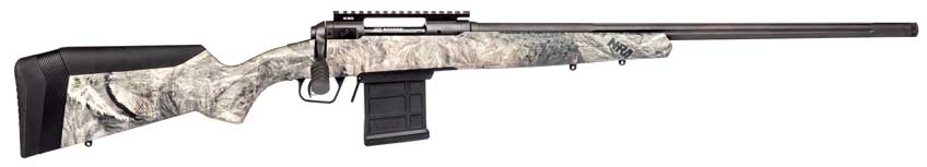 right side of camouflage bolt-action rifle with black extended magazine shown on white background