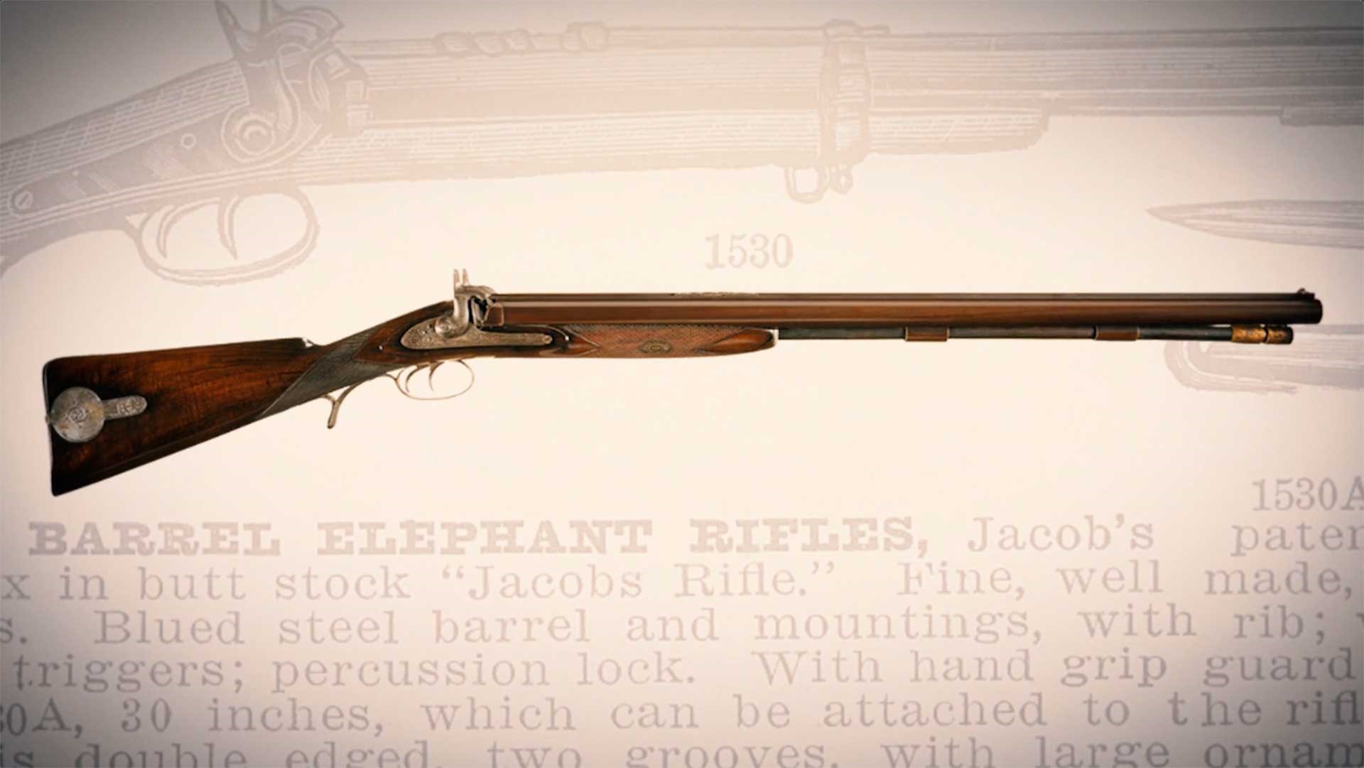 Right side of the Jacob Double Rifle on an antique text overlay.