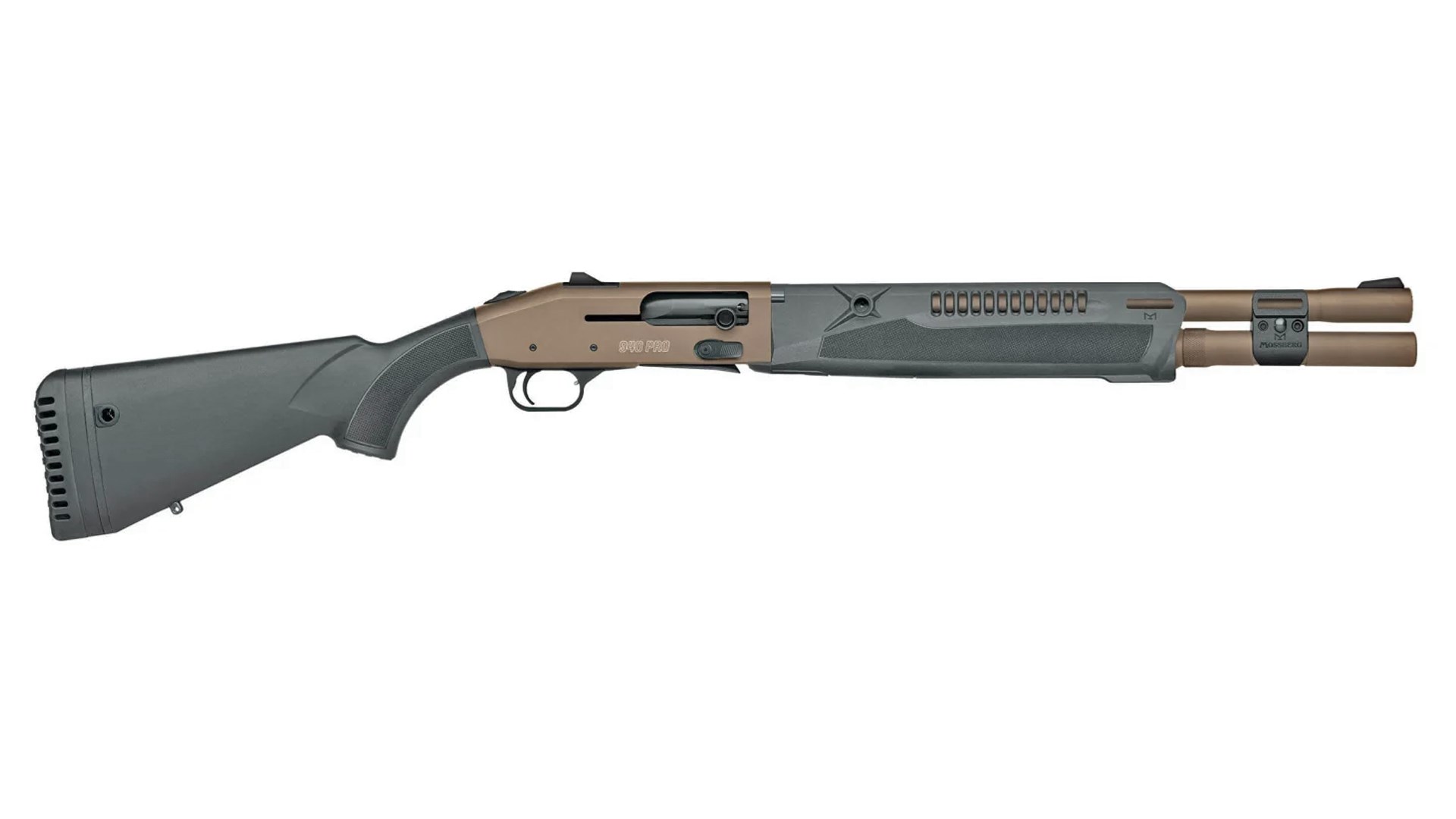 Right side of the flat dark earth finished Mossberg 940 Pro Tactical SPX shotgun.