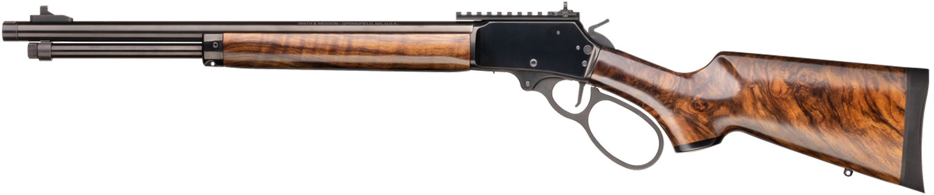 smith & wesson 1854 new lever-action rifle wood stock walnut swirl figure gloss finish blued steel on white background