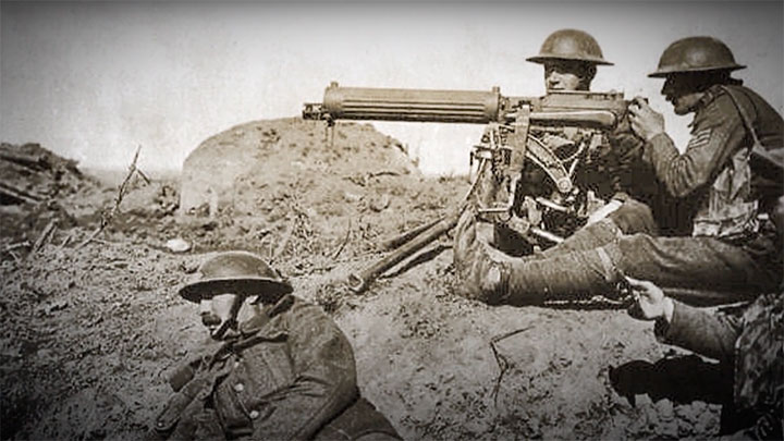 Soldiers crew a Vickers Heavy Machine Gun on the Western Front.