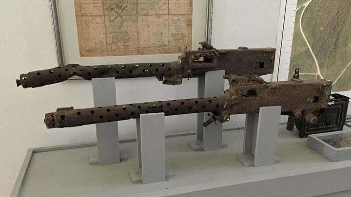 Two 7.7 mm Type 97 aircraft machine guns in relic condition on display in Peleliu’s museum.