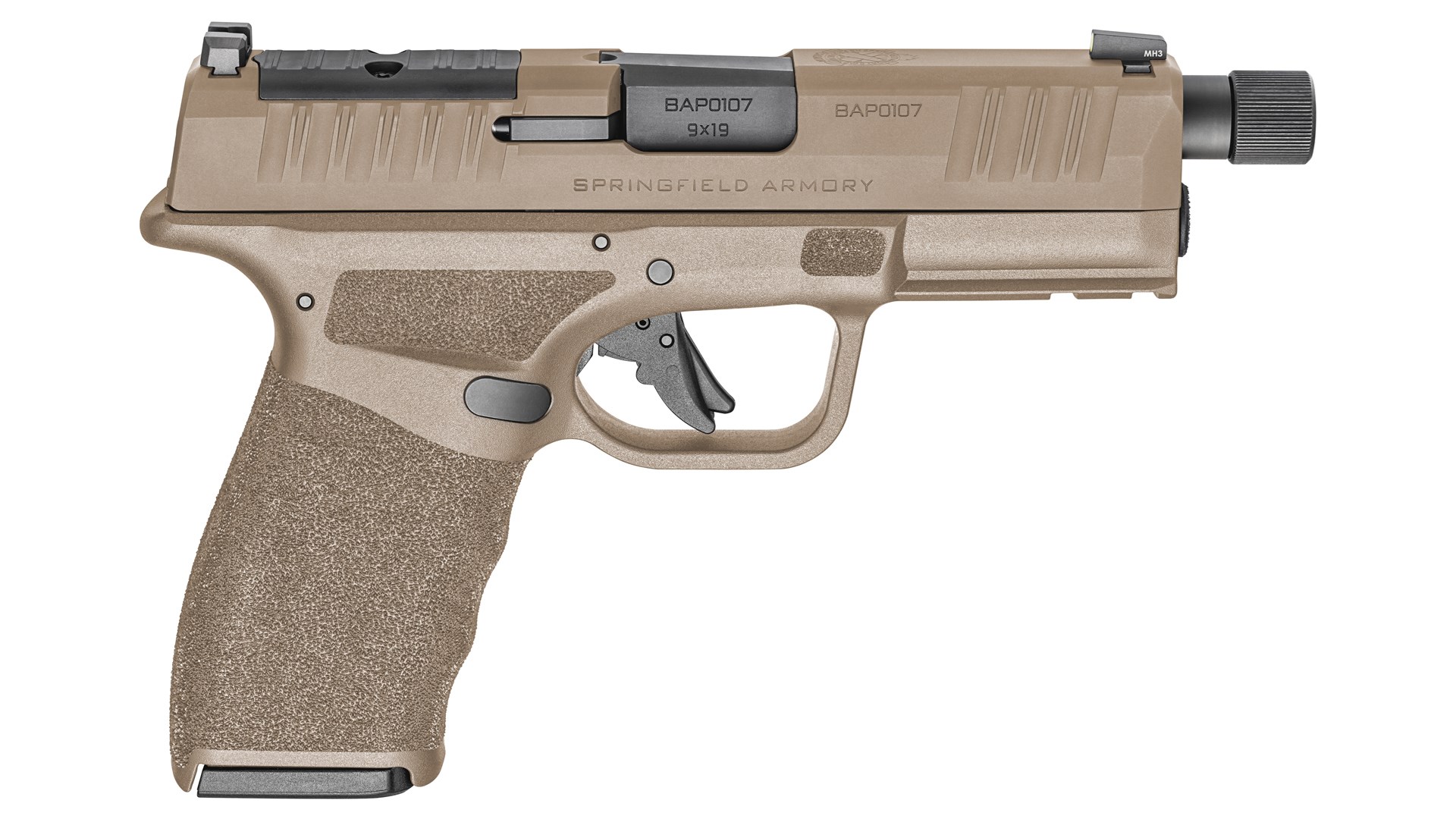 Right side of the flat dark earth-colored Springfield Armory Hellcat Pro OSP pistol.