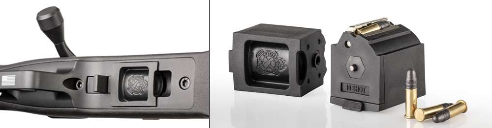 Springfield Armory Model 2020 Rimfire magazine closeup undeside bolt-action rifle two images right side with ammunition and two magazines