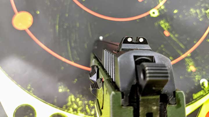 The fixed, three-dot sights of the B6C pistol are simple but functional.