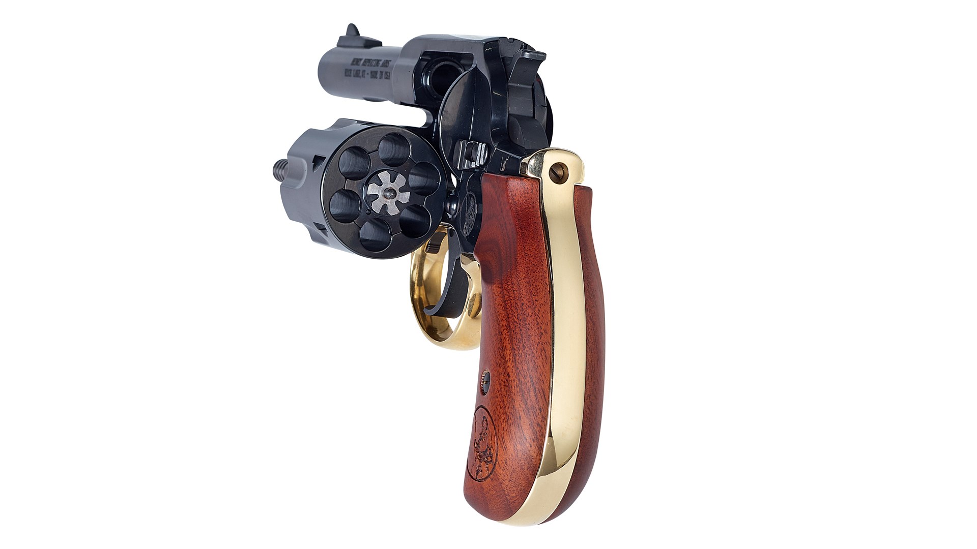 Rear view of the Henry Big Boy revolver with the cylinder opened to the left side and showing the brass grip frame.