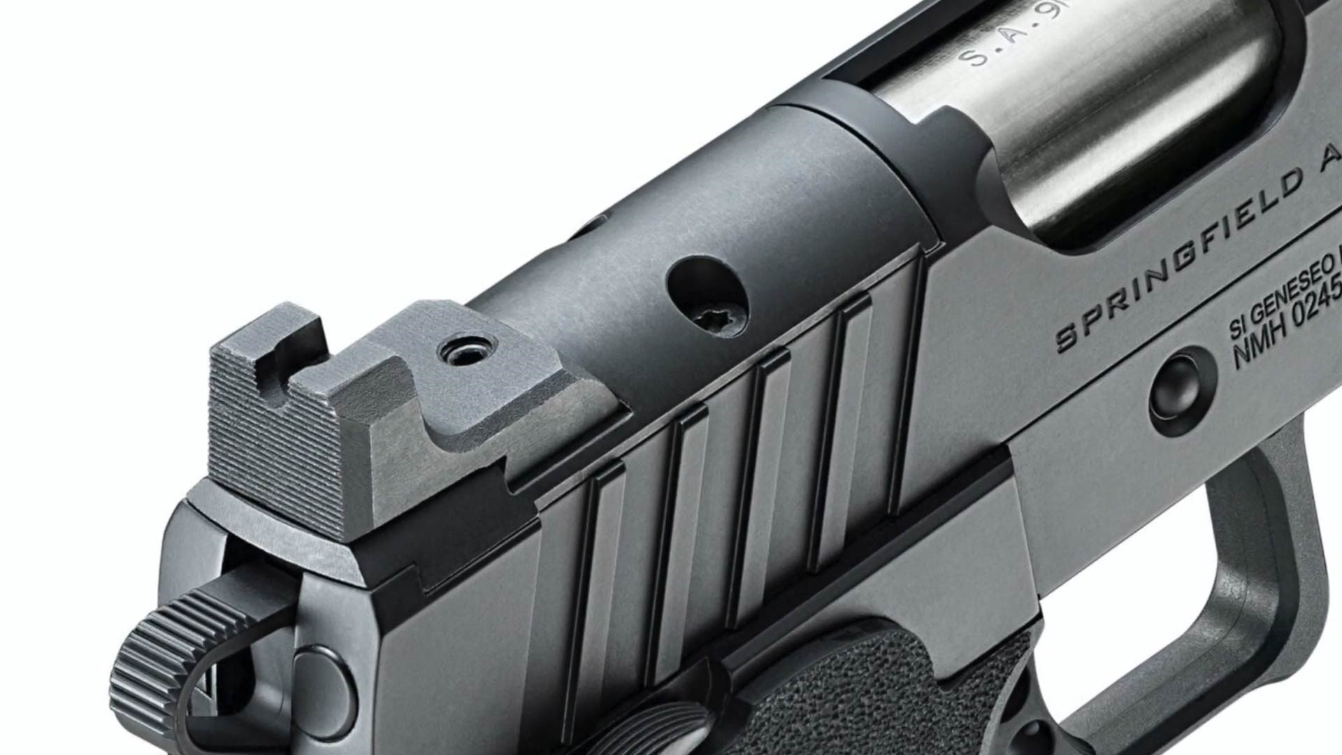 Springfield Armory Prodigy slide closeup detail metal black steel sights serrations m1911 pistol