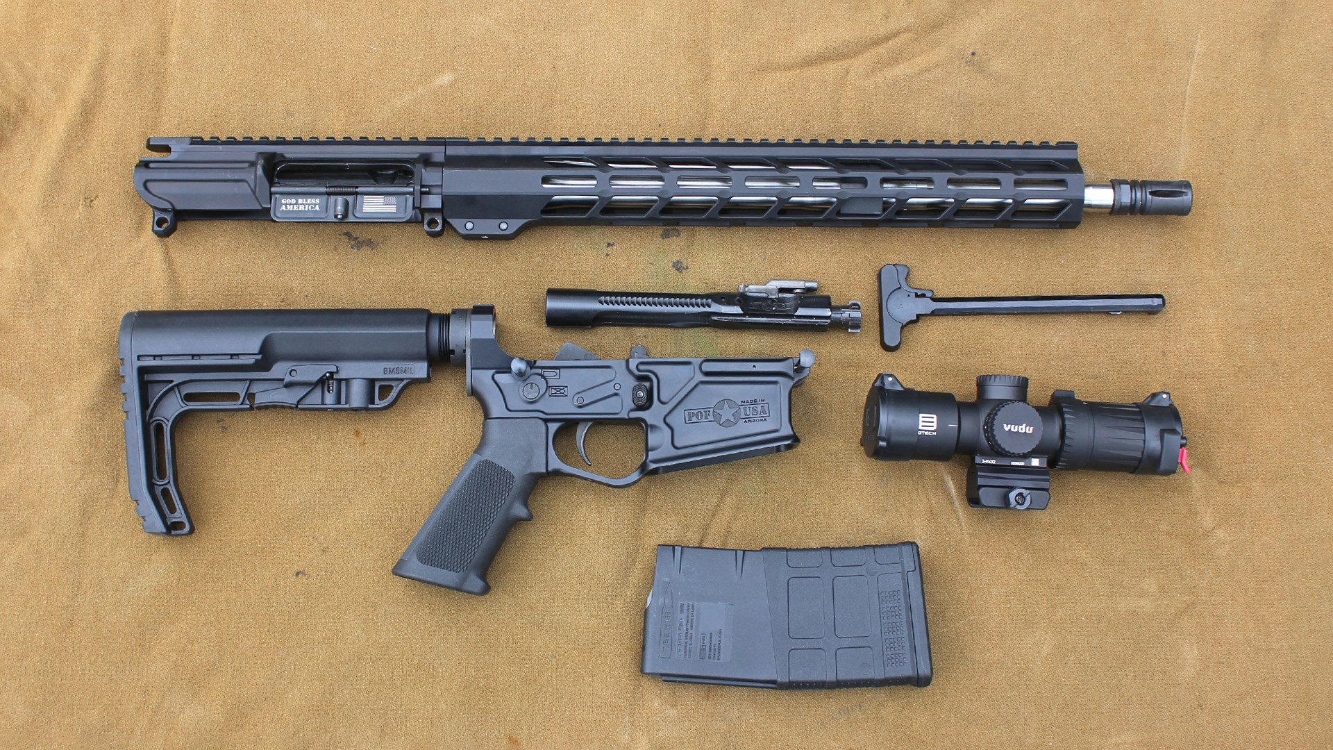 POF-USA LMR Base .308 rifle semi-auto ar-10 right-side view disassembled parts upper receiver bolt carrier charging handle lower receiver magazine optic