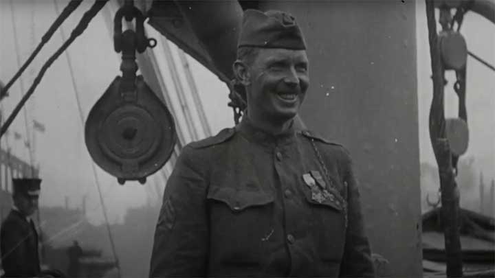 A decorated Sgt. Alvin York pictured on a ship after the war.