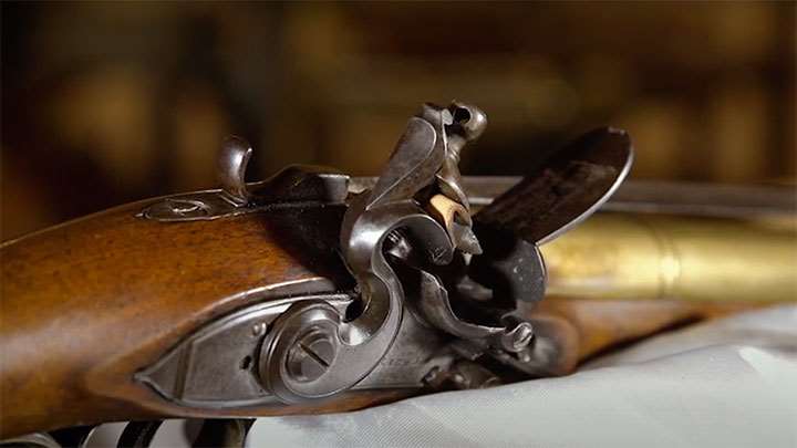 A view of the lock on an 18th century British Blunderbuss.