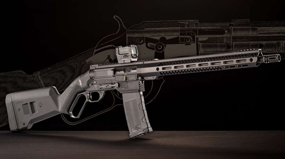 Bond Arms LVRB lever-action rifle with detachable box magazine right-side view with blueprint drawing background