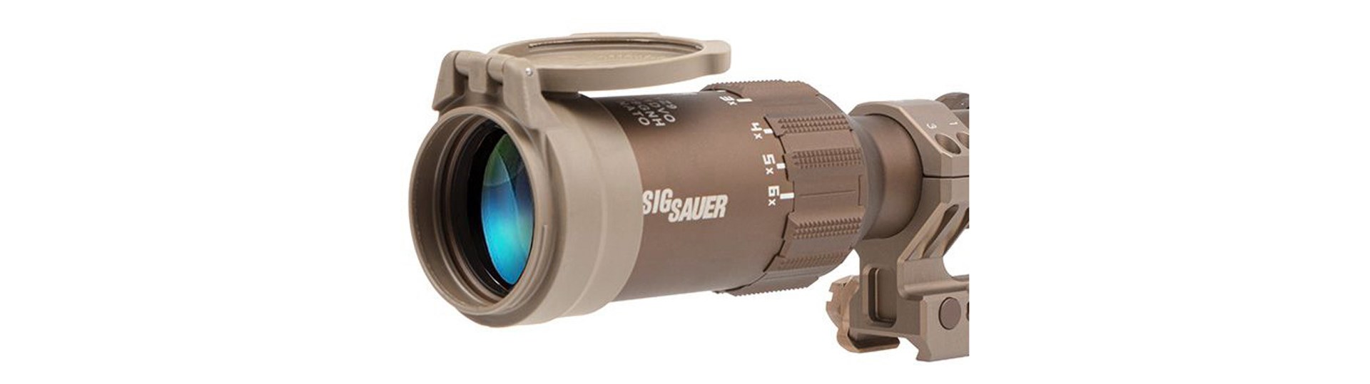 sig sauer lpvo riflescope ocular lens detail closeup brown metal alpha4 mount shown on right side