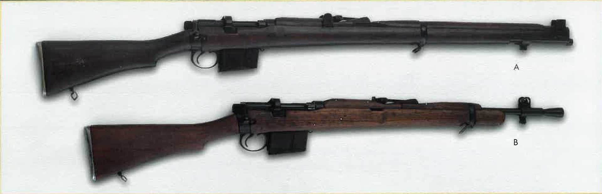 Ishapore 2A1 rifle shown above a Gibbs Rifle Company Jungle Carbine.
