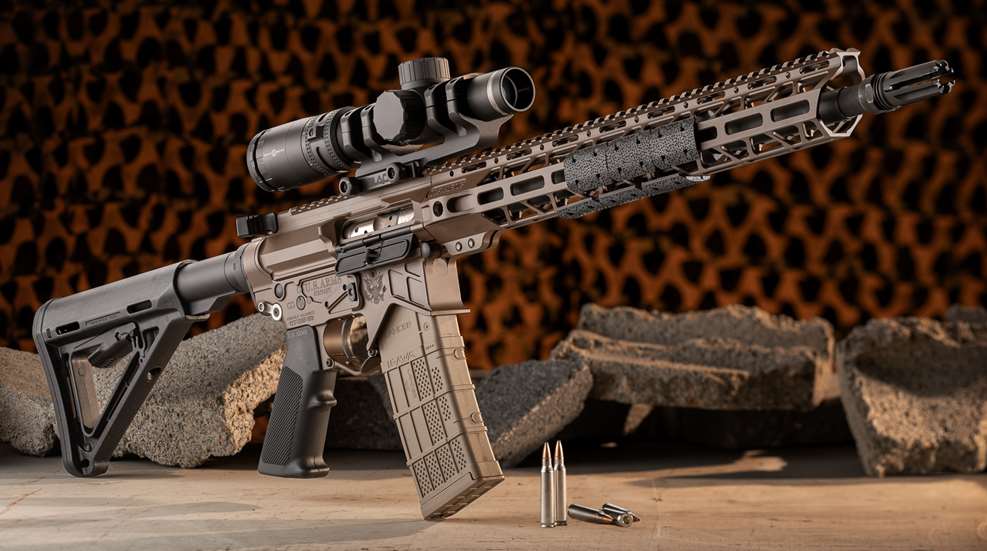 U.S. Arms Co. M4 UTAW angled dynamic right-side view shown with broken blocks ammunition military netting background leupold riflescope attached to top rail