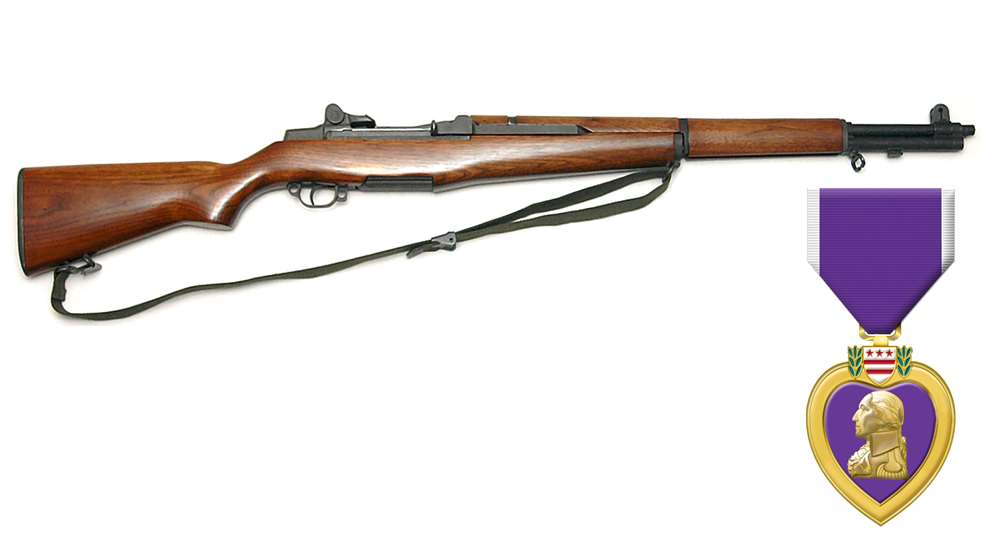M1 Garand right-side view shown on white with purple heart medal