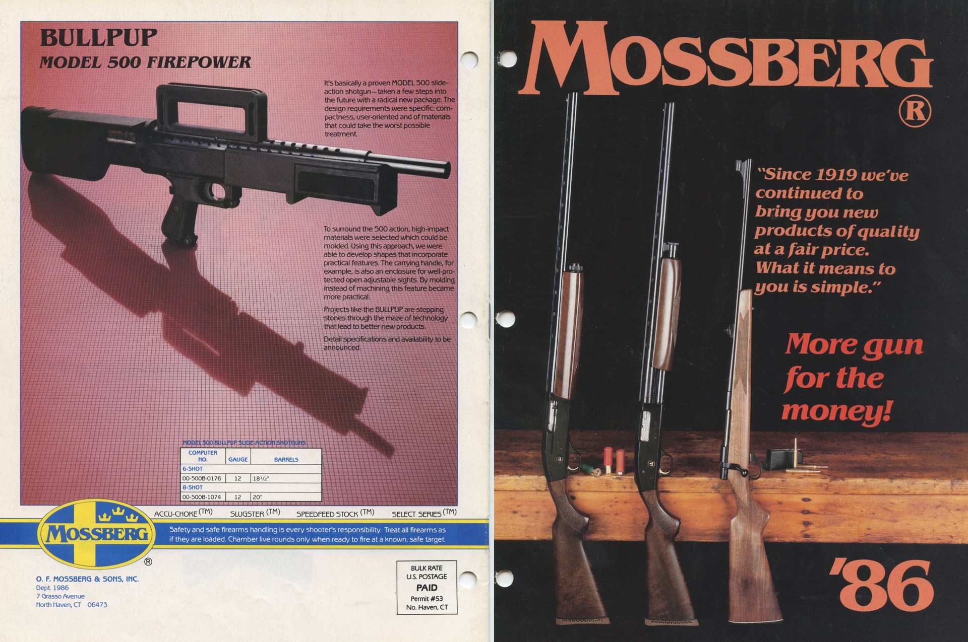 Mossberg gun catalog showing bullpup model 500 on left and catalog cover with rifles and shotgus on right text on image describing guns