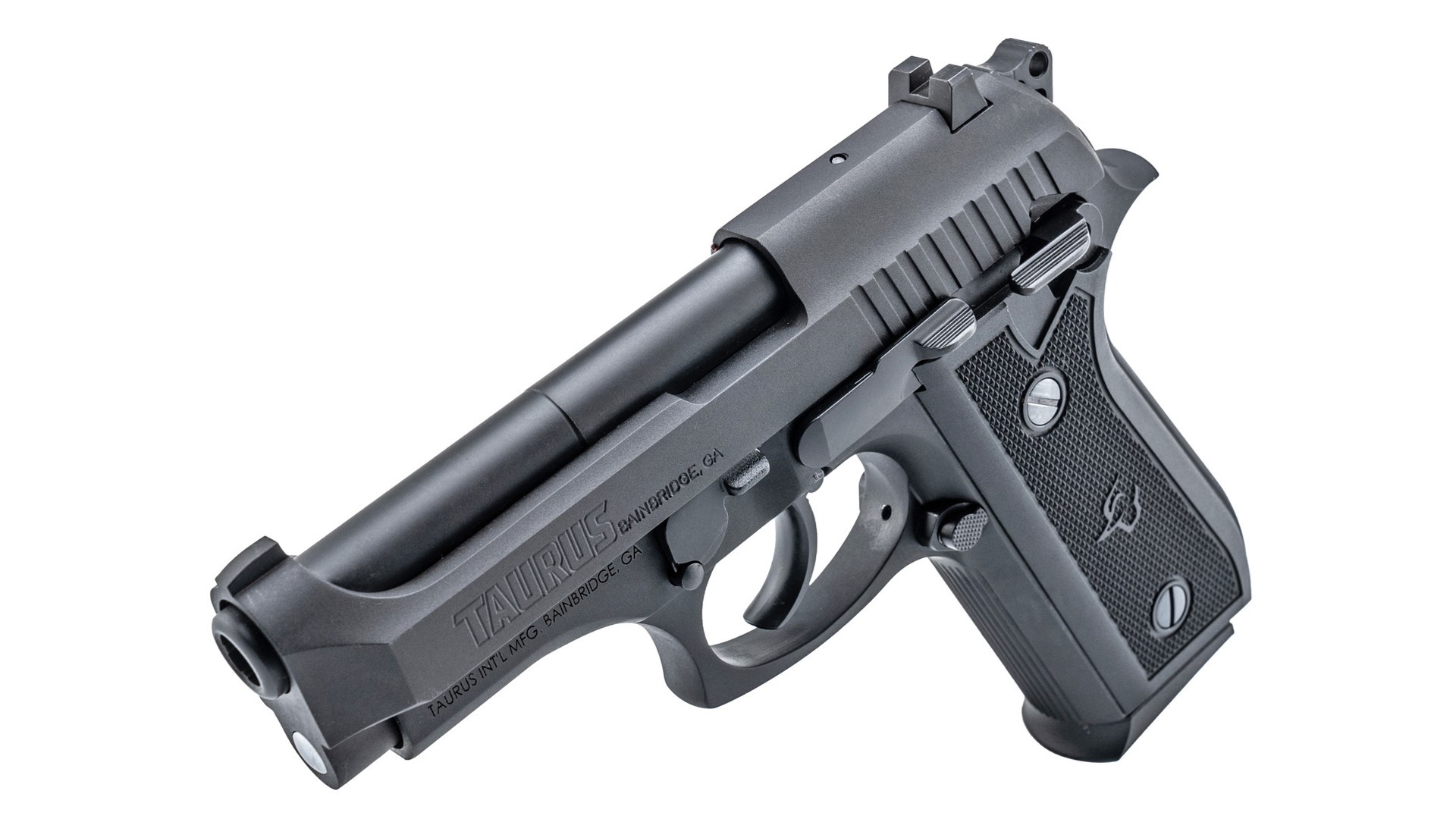 Top-left view of the all-black Taurus 58 handgun.