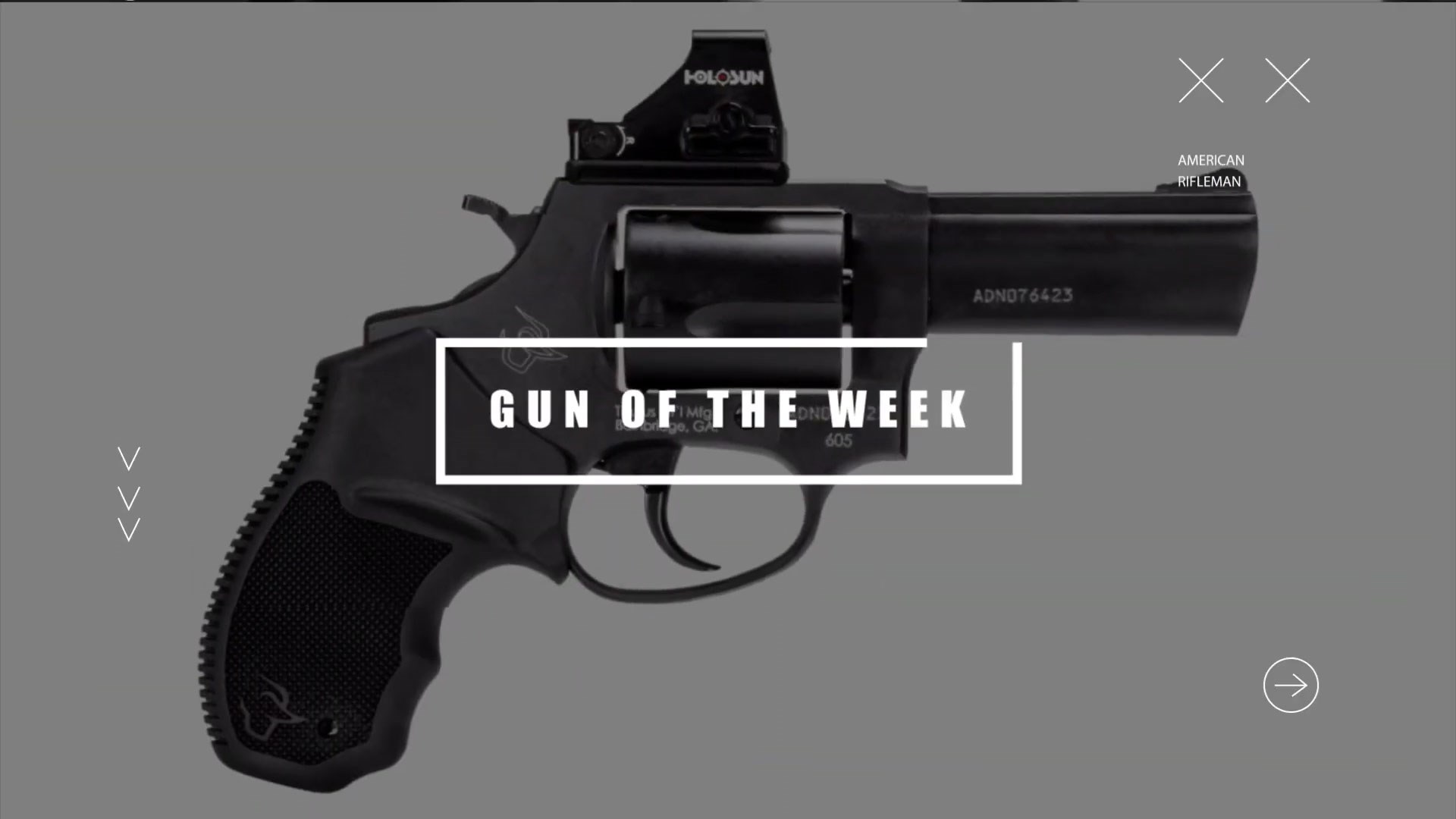 Gun Of The Week title screen with Taurus USA Model 605 T.O.R.O. optic-ready revolver background darkened gray