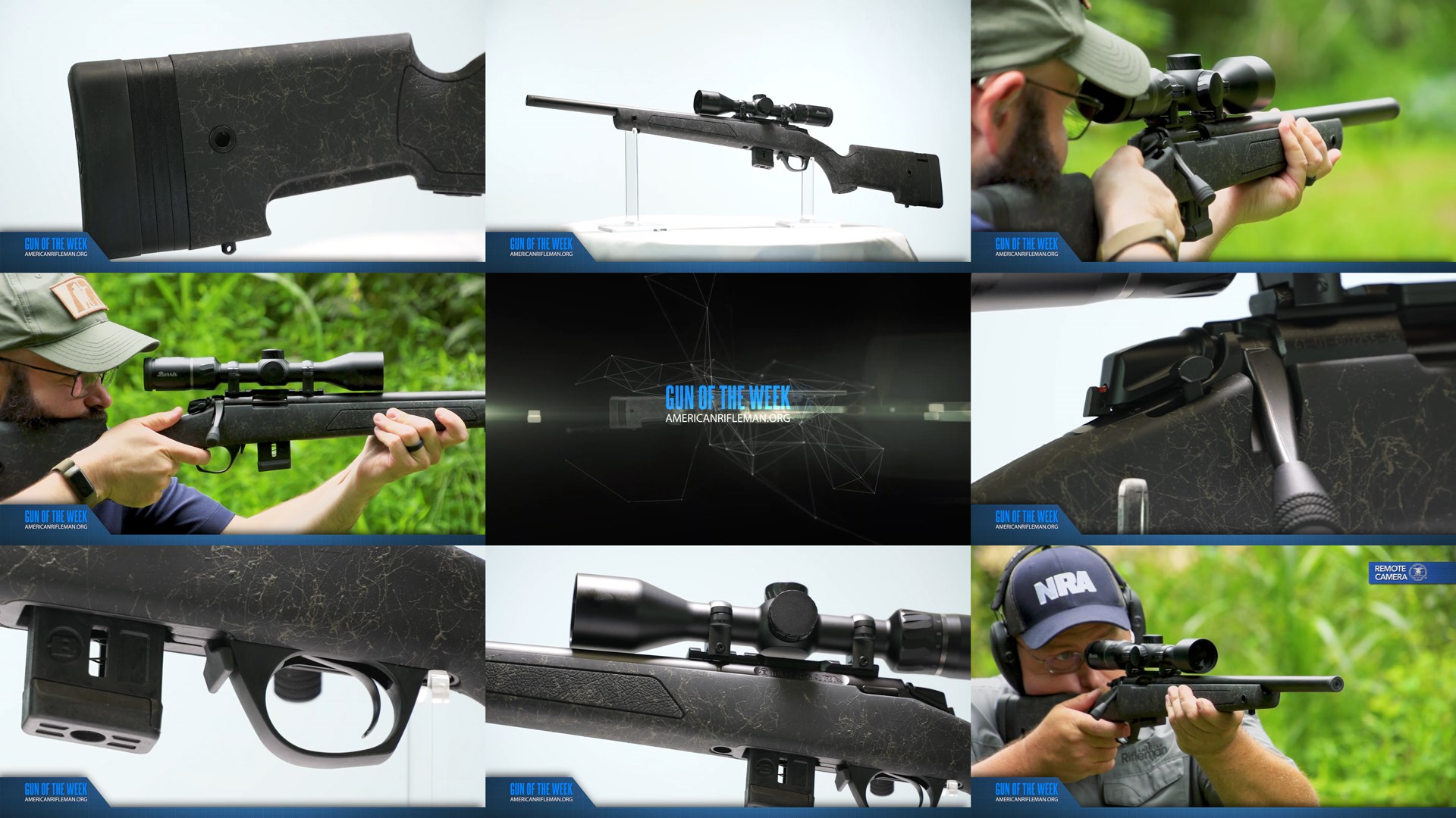 AMERICAN RIFLEMAN GUN OF THE WEEK text in center tile mosaic screenshots of video of guns men shooting outdoors Bergara BMR-X Steel bolt-action rimfire rifle