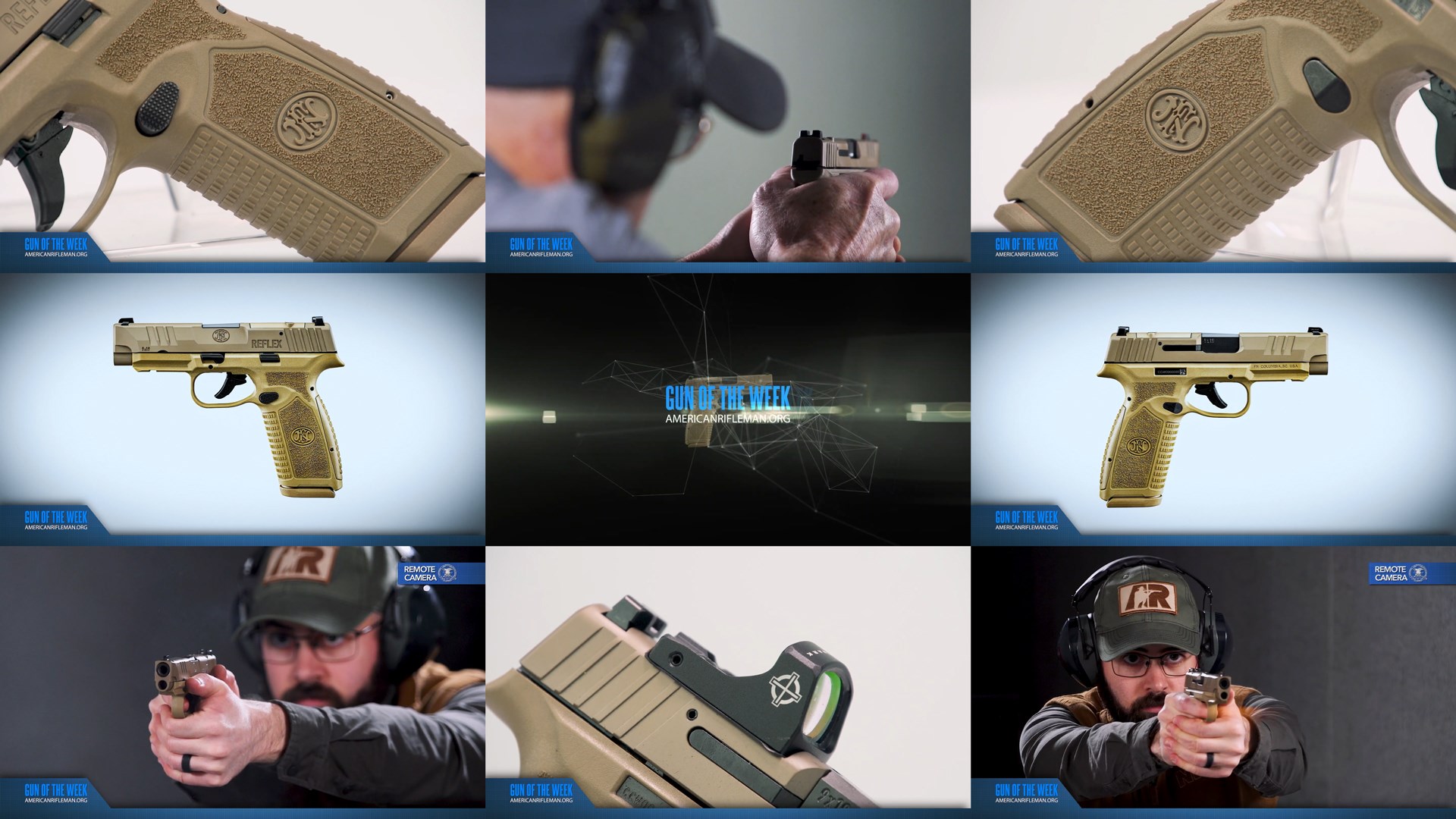 AMERICAN RIFLEMAN GUN OF THE WEEK text on mosaic tiles 9 image arrangement guns FN America Reflex XL 9 mm pistol tan FDE color men shooting gun indoors