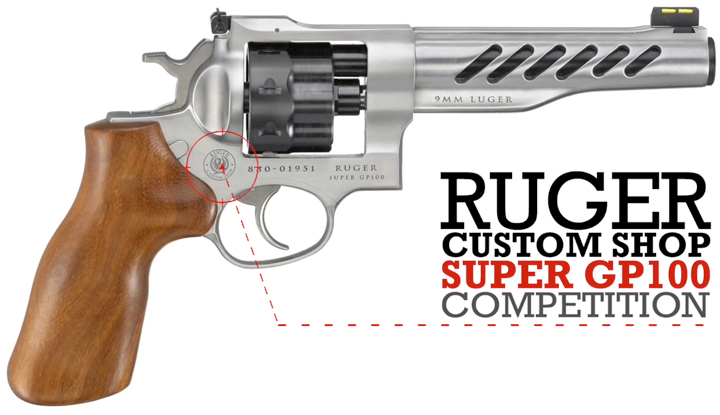 Right-side view of silver-colored Ruger Custom Shop Super GP100 Competition revolver with text on image calling out make and model shown on white background.