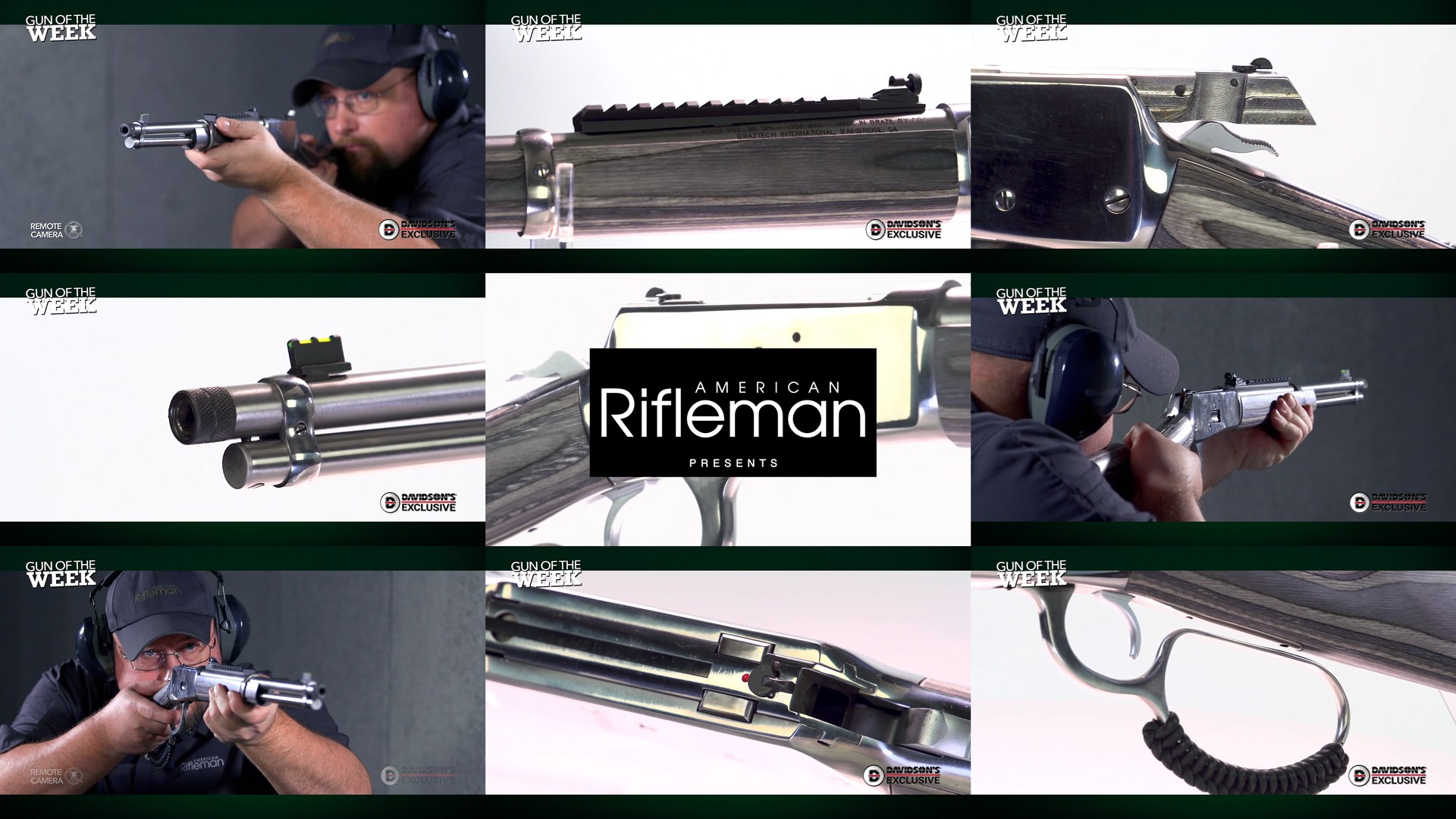 AMERICAN RIFLEMAN PRESETS GUN OF THE WEEK Rossi R92 Davidson's Exclusive lever-action rifle tiles arrangement 9 images together gun details