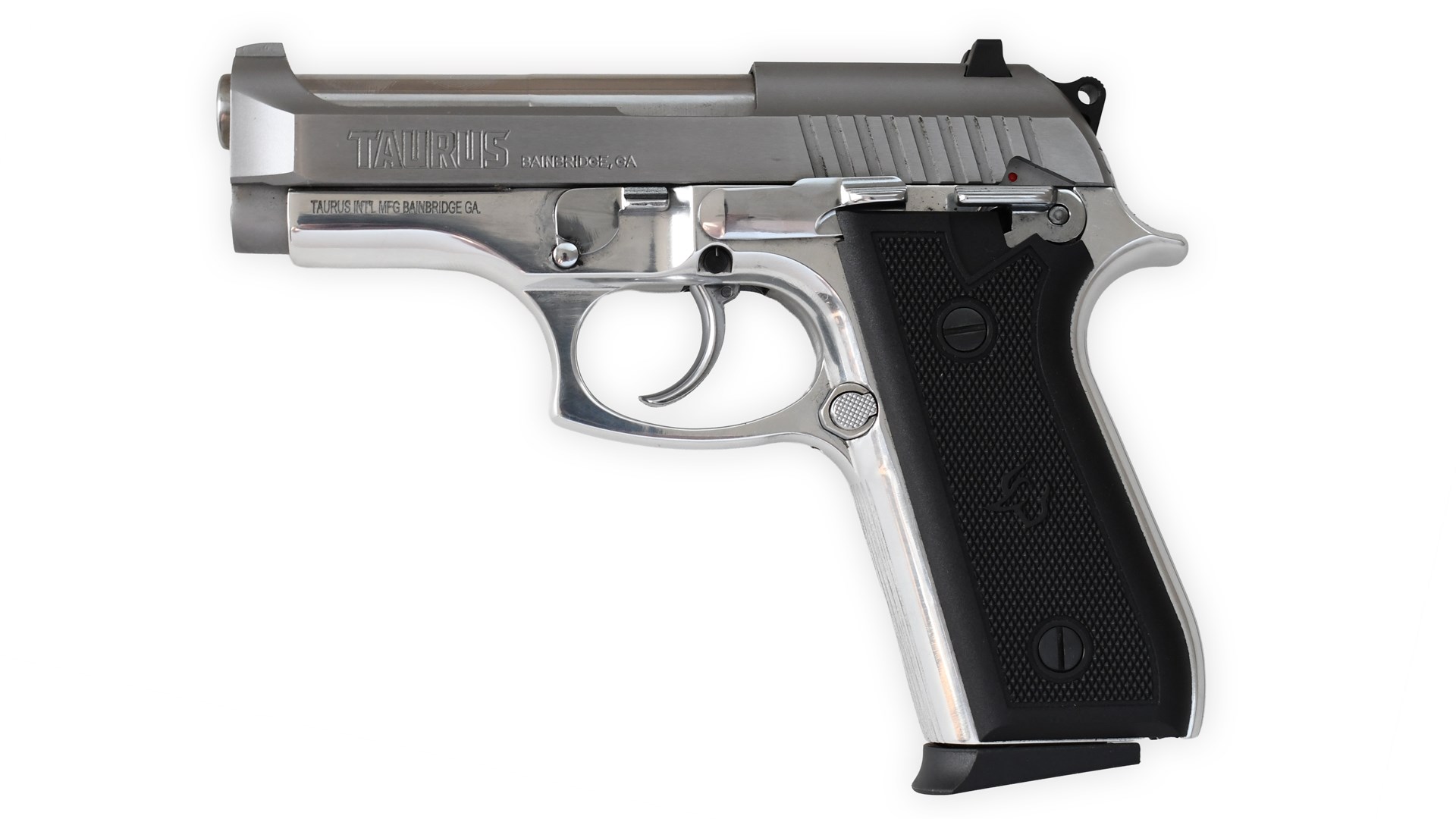 Taurus Model 58 double-action semi-automatic .380 ACP silver-finished handgun left-side view on white background shown with black stock panels