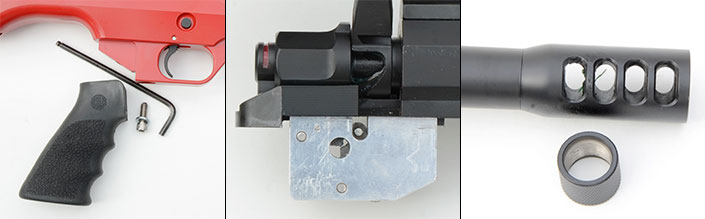 AR-style grip, trigger assembly, multi-port muzzle brake