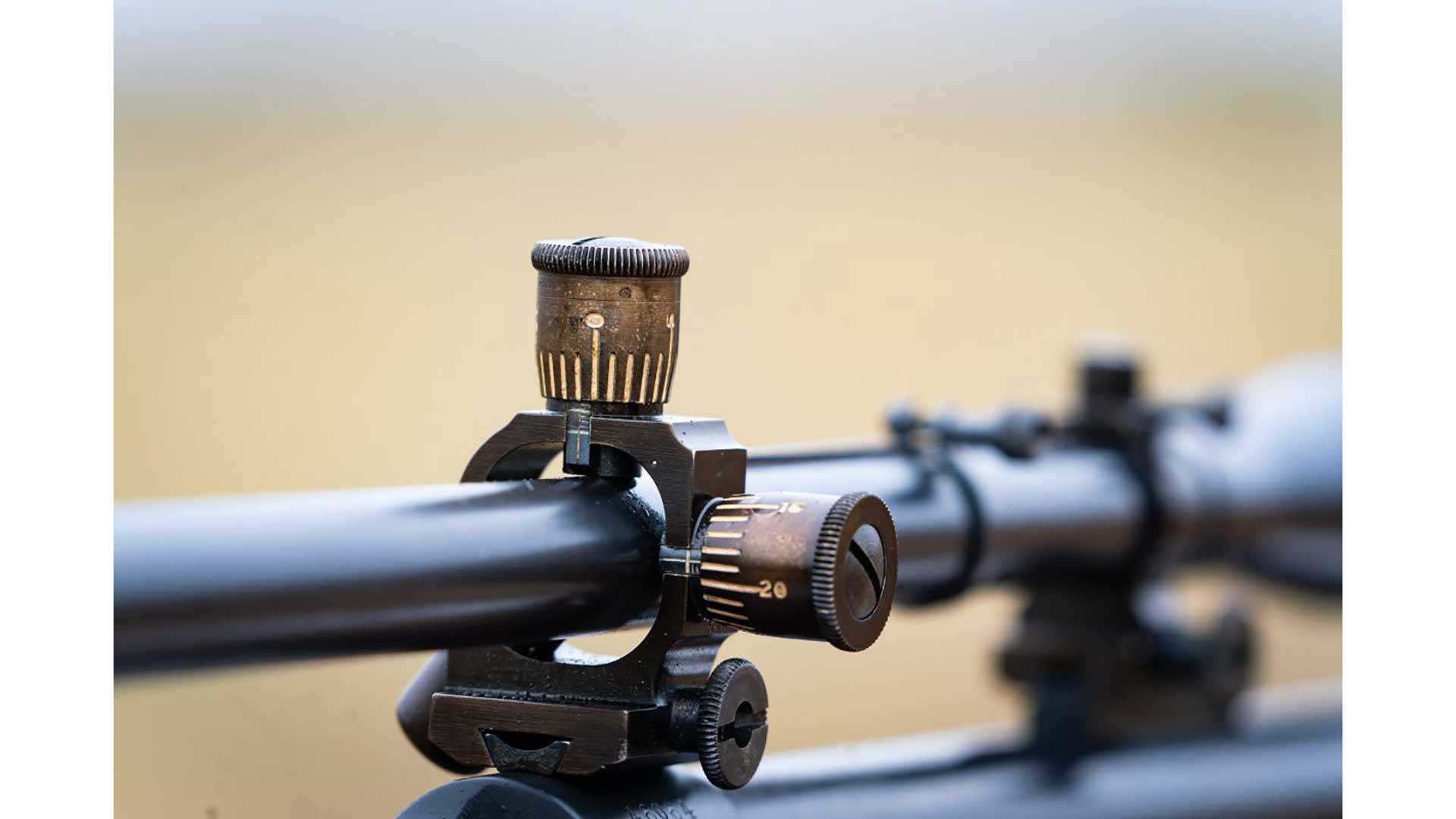 Blackened windage and elevation turrets on a Marine Corps Winchester Model 70 sniper rifle.