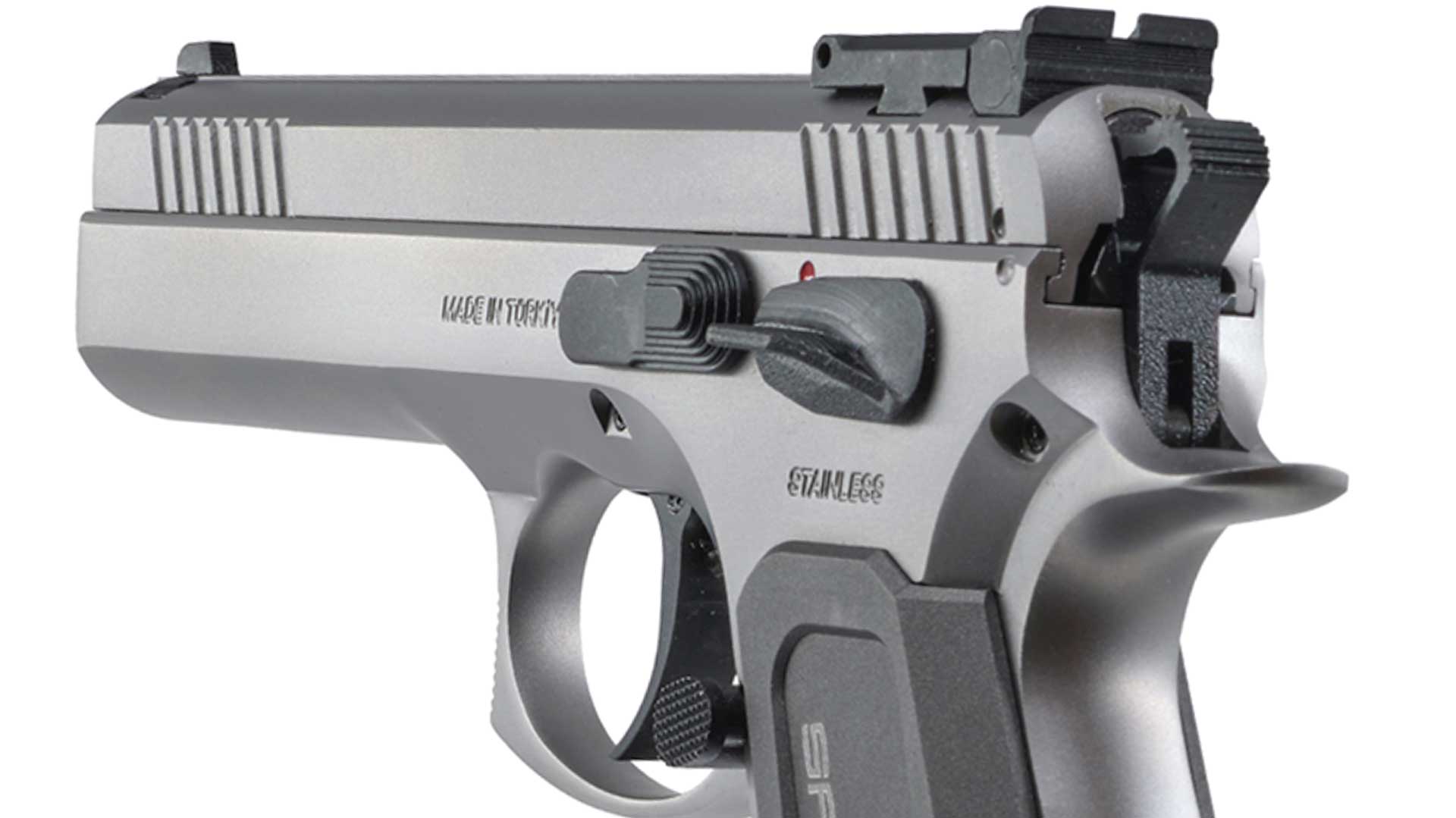 gun pistol gray metal stainless steel handgun details controls levers