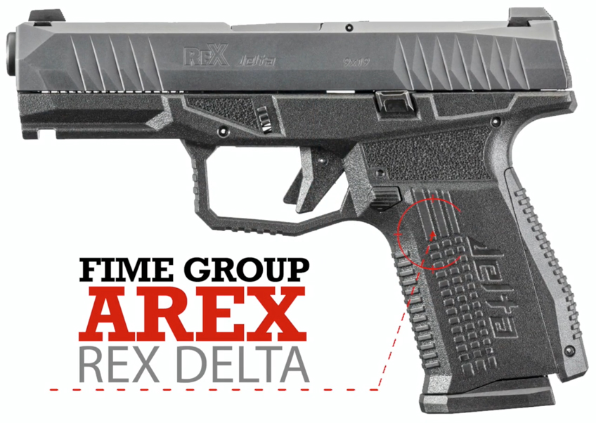 Left side handgun pistol black with text on image noting FIME GROUP AREX REX DELTA