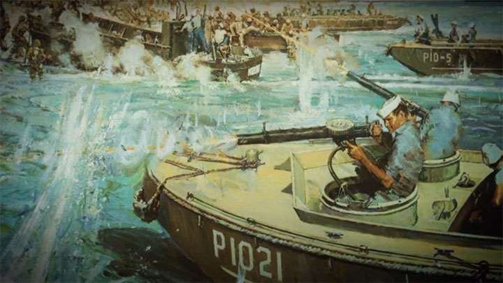 A World War II painting depicting Lewis machine guns being used on a landing craft.