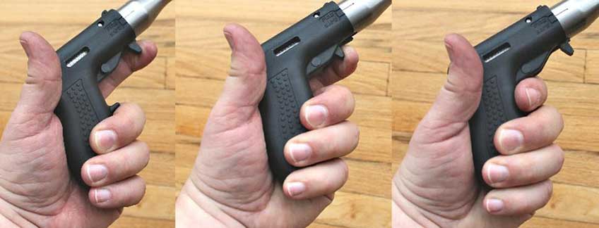 Three-frame panel demonstrating the function of the Altor Corporation single-shot pistol trigger pull.