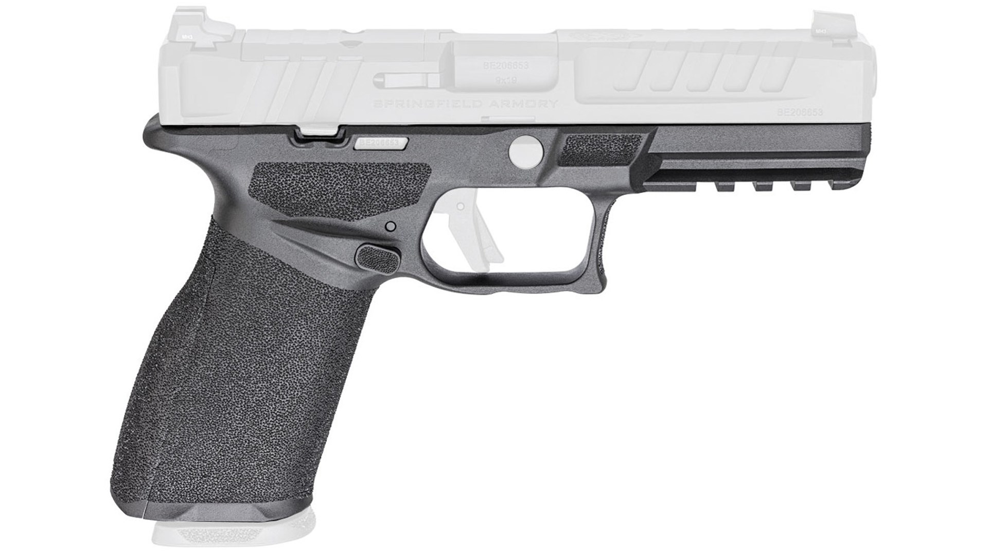 Springfield Armory Echelon 9 mm striker-fired pistol ghosted gray highlighting replaceble grip module foreground