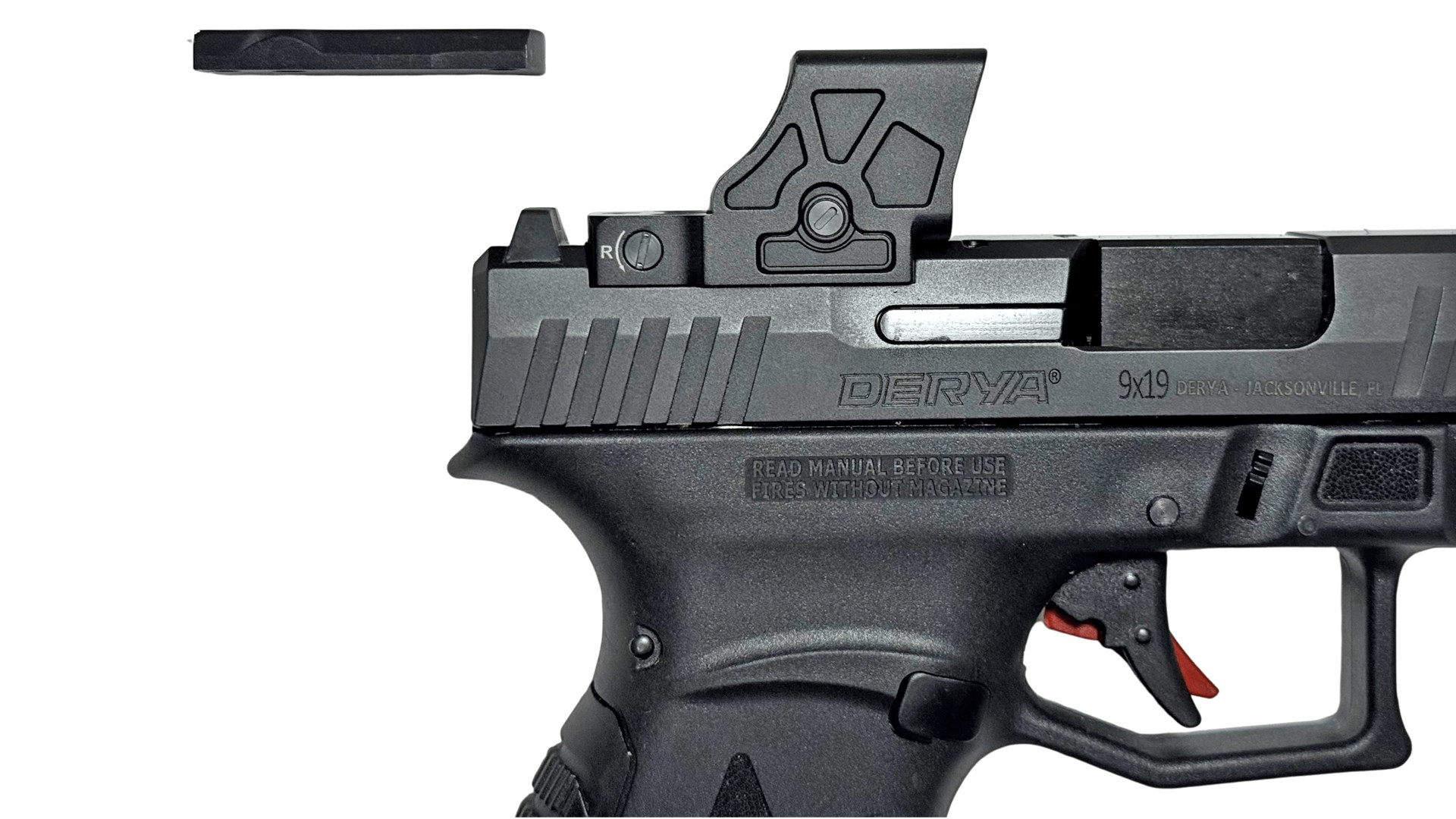 Optic mounted at the rear of the Derya Arms DY9Z handgun slide.