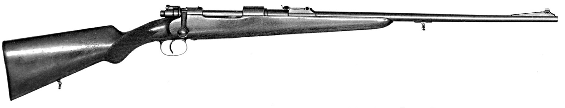 Early sporterized mauser rifle gun right-side view black white vintage