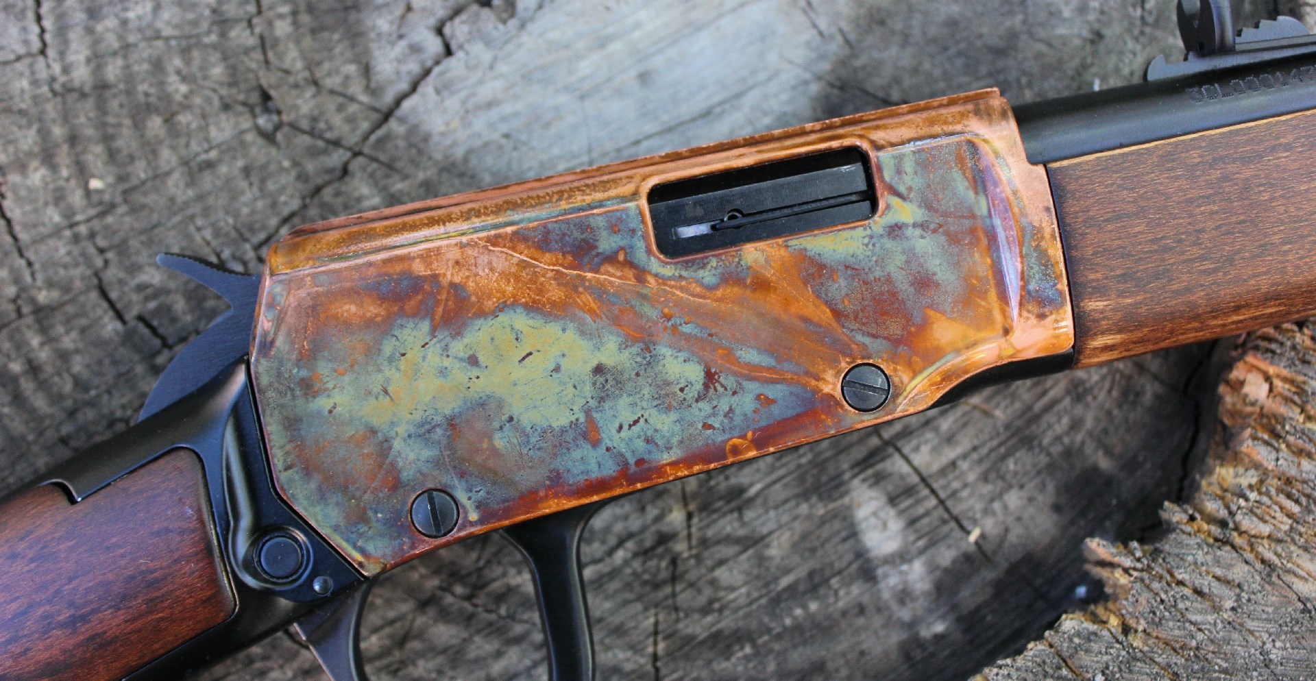 Right side view of the simulated case hardened receiver finish on the Heritage Settler Mare's Leg.