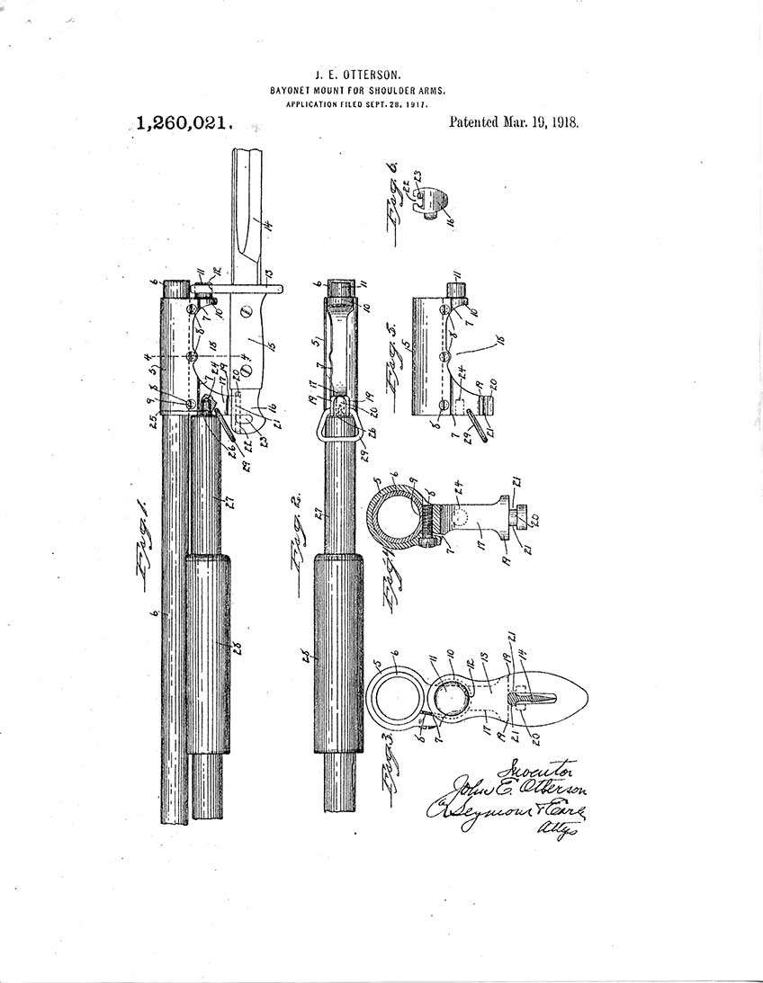 Remington and Winchester used similar methods to attach bayonets to their World War I-issue trench guns. This design drawing shows the mechanism for attaching bayonets to Winchester trench guns.