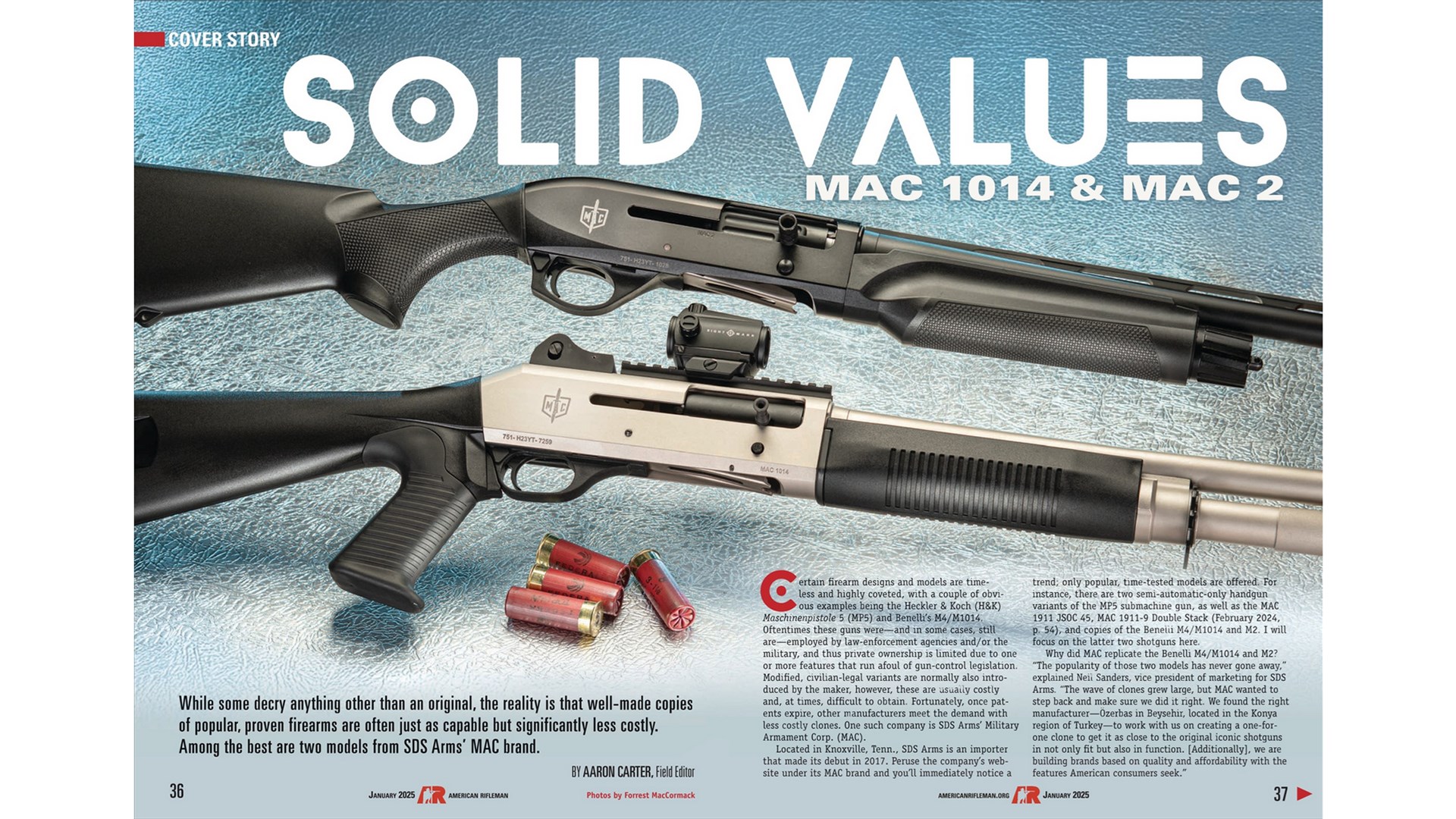 American Rifleman magazine centerfold print article spread shotguns text on image of shotguns shown with ammunition red-dot optic