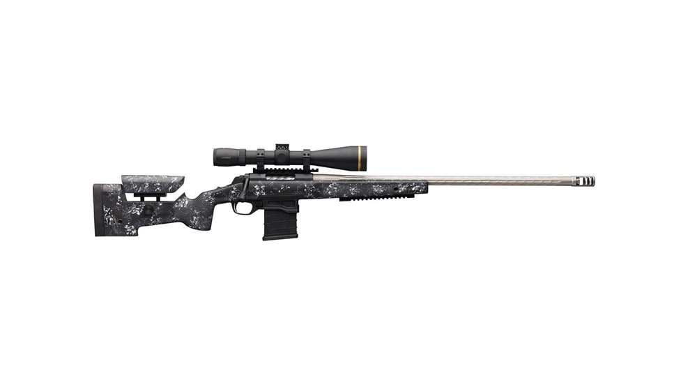 Browning X-Bolt Target Pro McMillan bolt-action rifle right-side view riflescope black camouflage stainless steel barrel